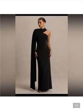 Club L London Black One-Shoulder Maxi Dress with Draped Cape